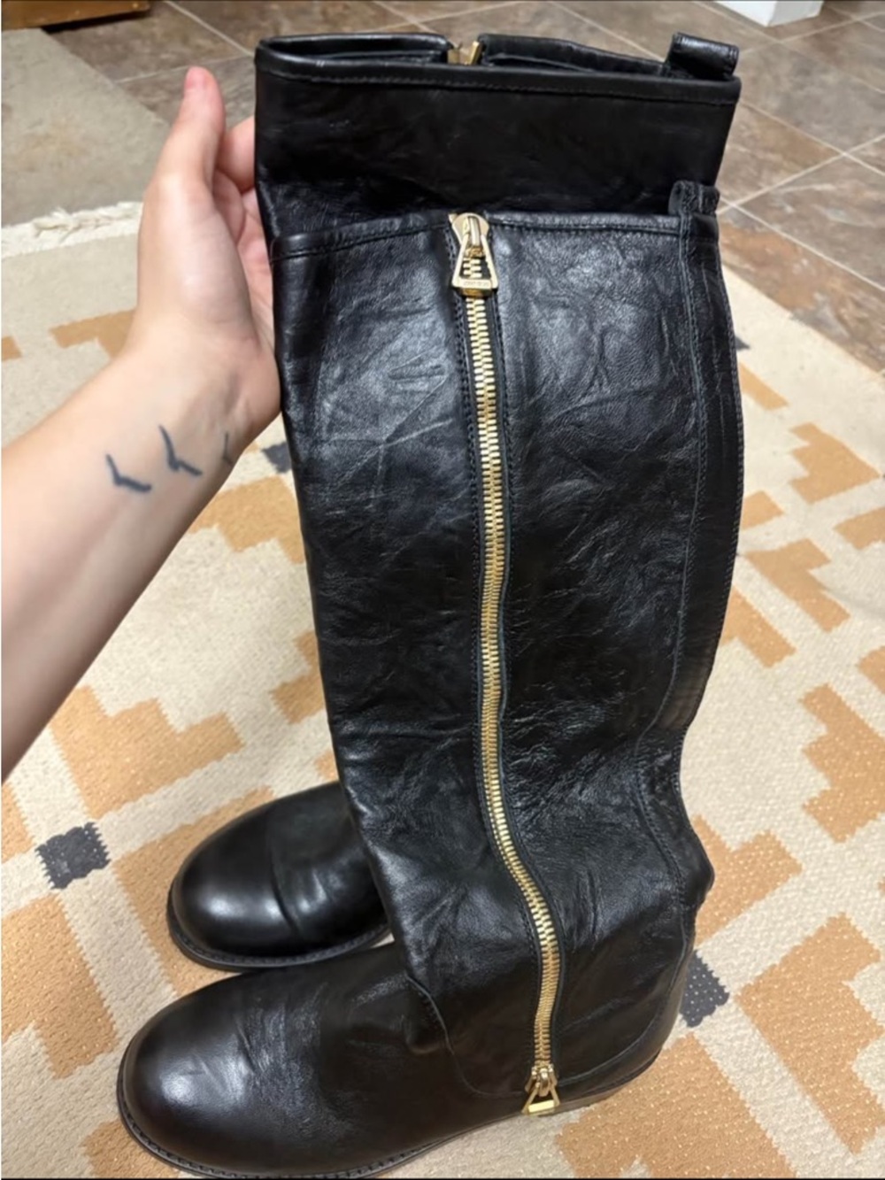 Jimmy Choo Black Leather Knee-High Boots with Gold Zipper